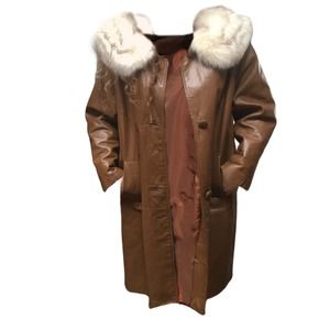 Real Fur-Trimmed Mid-Length 60s Style Leather Coat